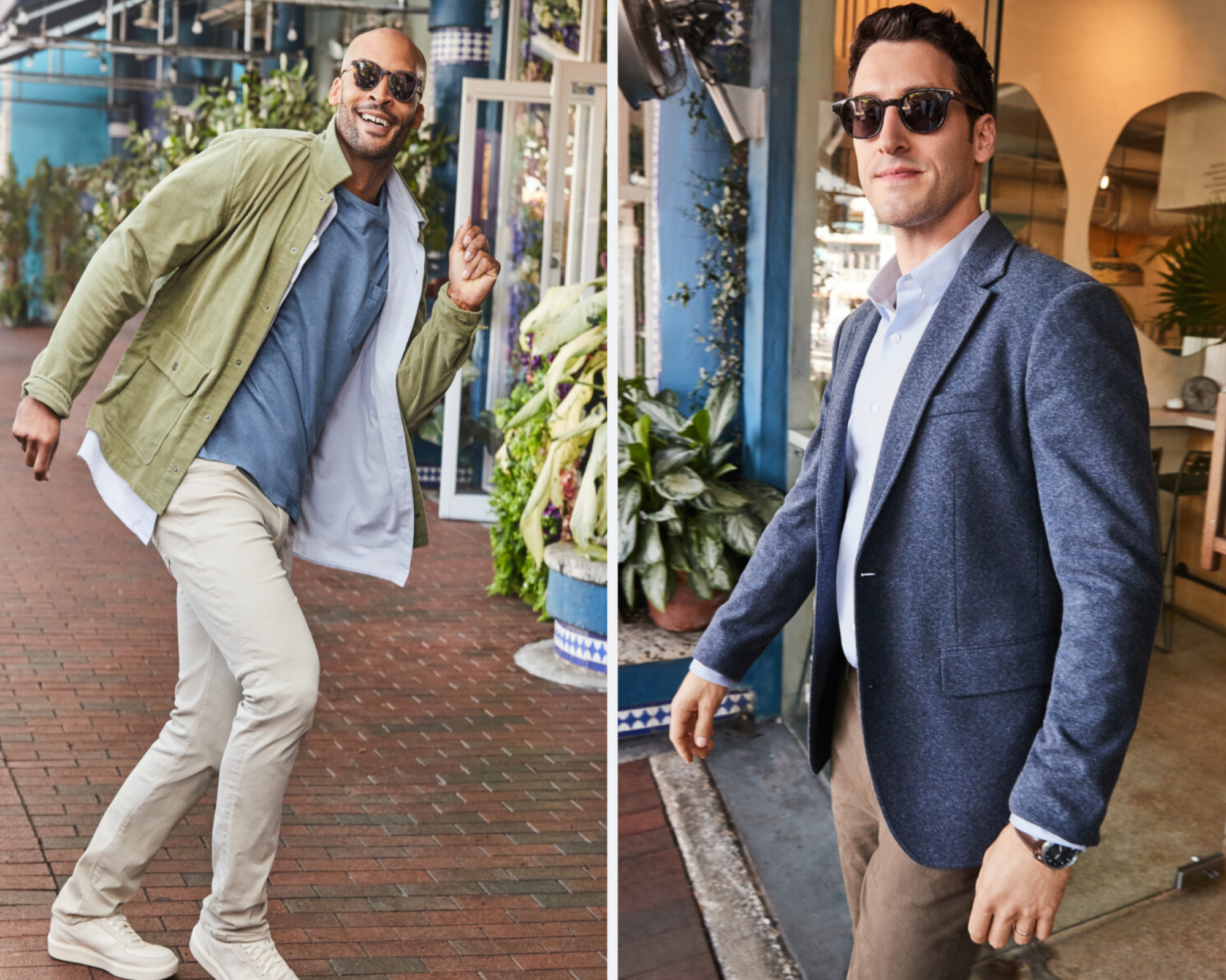 The man on the left is wearing a green jacket, a blue t-shirt, white pants, and white sneakers. He is smiling and looking at the camera. The man on the right is wearing a blue blazer, a white shirt, brown pants, and black shoes.