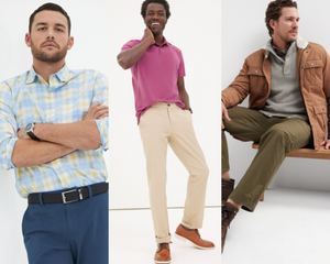 Three men model different styles: a plaid shirt with blue pants, a pink polo shirt with khaki pants, and a brown jacket with a gray sweater and green pants.