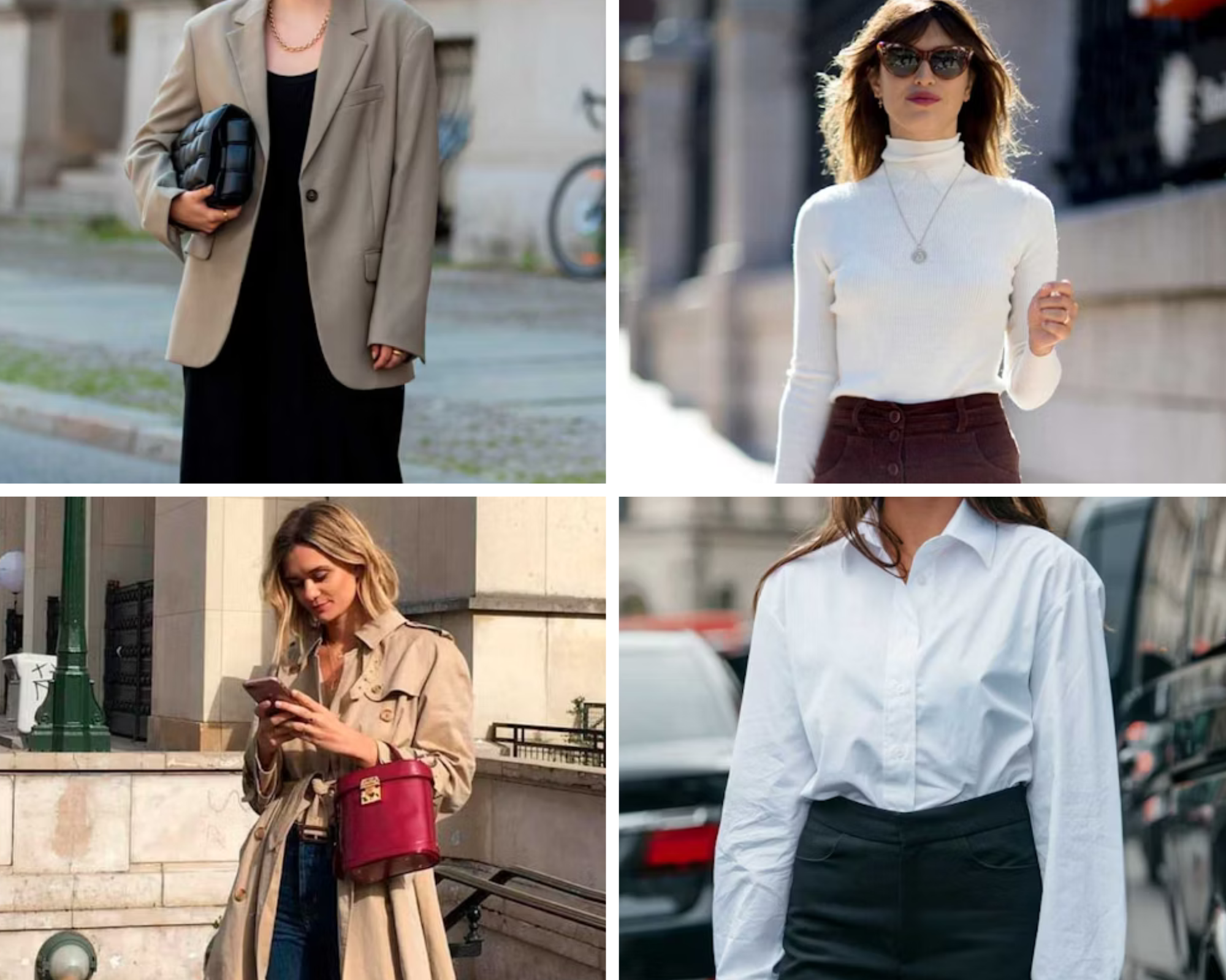 women wearing classic clothes - white turtle neck - trench coat - white shirt - button up - blazer