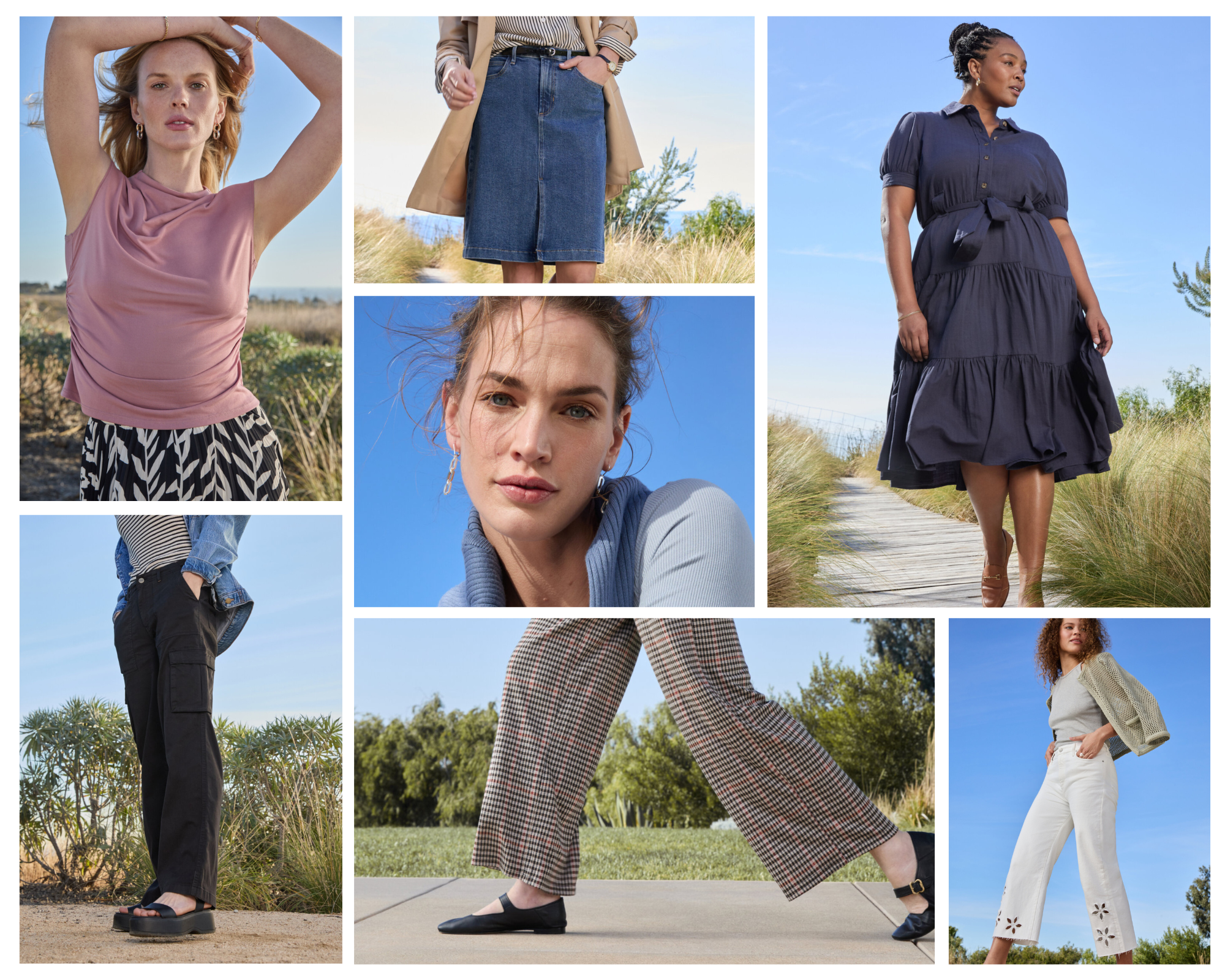 women wearing a neutral coloured top, denim skirt, black cargo pant, earrings, shirtdress and black flats