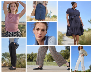 women wearing a neutral coloured top, denim skirt, black cargo pant, earrings, shirtdress and black flats