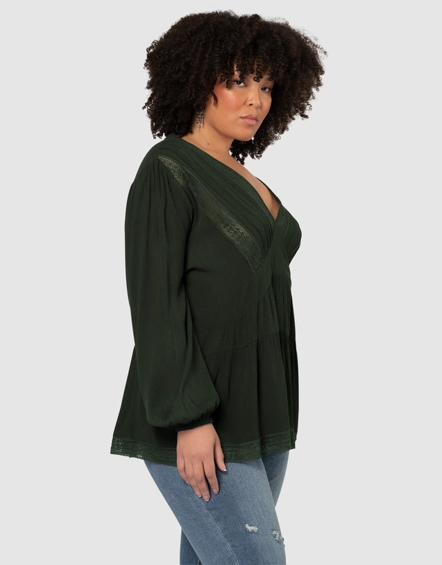Lace Blouse in a Dark Green. Pair with either the chocolate pants or skinny jeans.