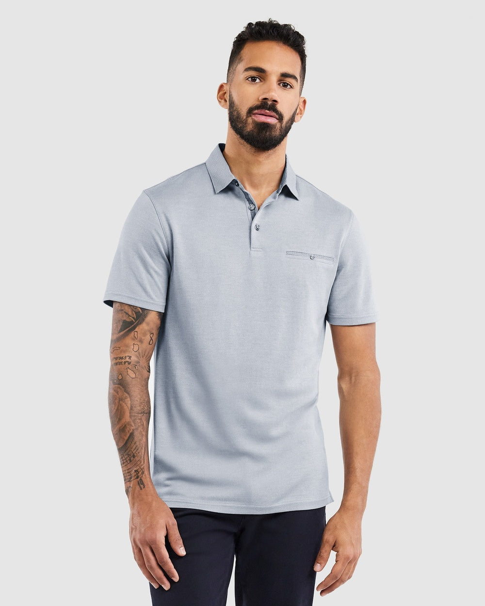 A core essential classic polo. Polos are great for that casual look that looks that little bit sharper. Light blue