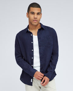 A classic summer linen shirt in navy colour way to wear with chinos, denim and shorts from day to night weekday to weekend.