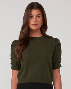 Short Sleeve knit top with sleeve detail in Olive.