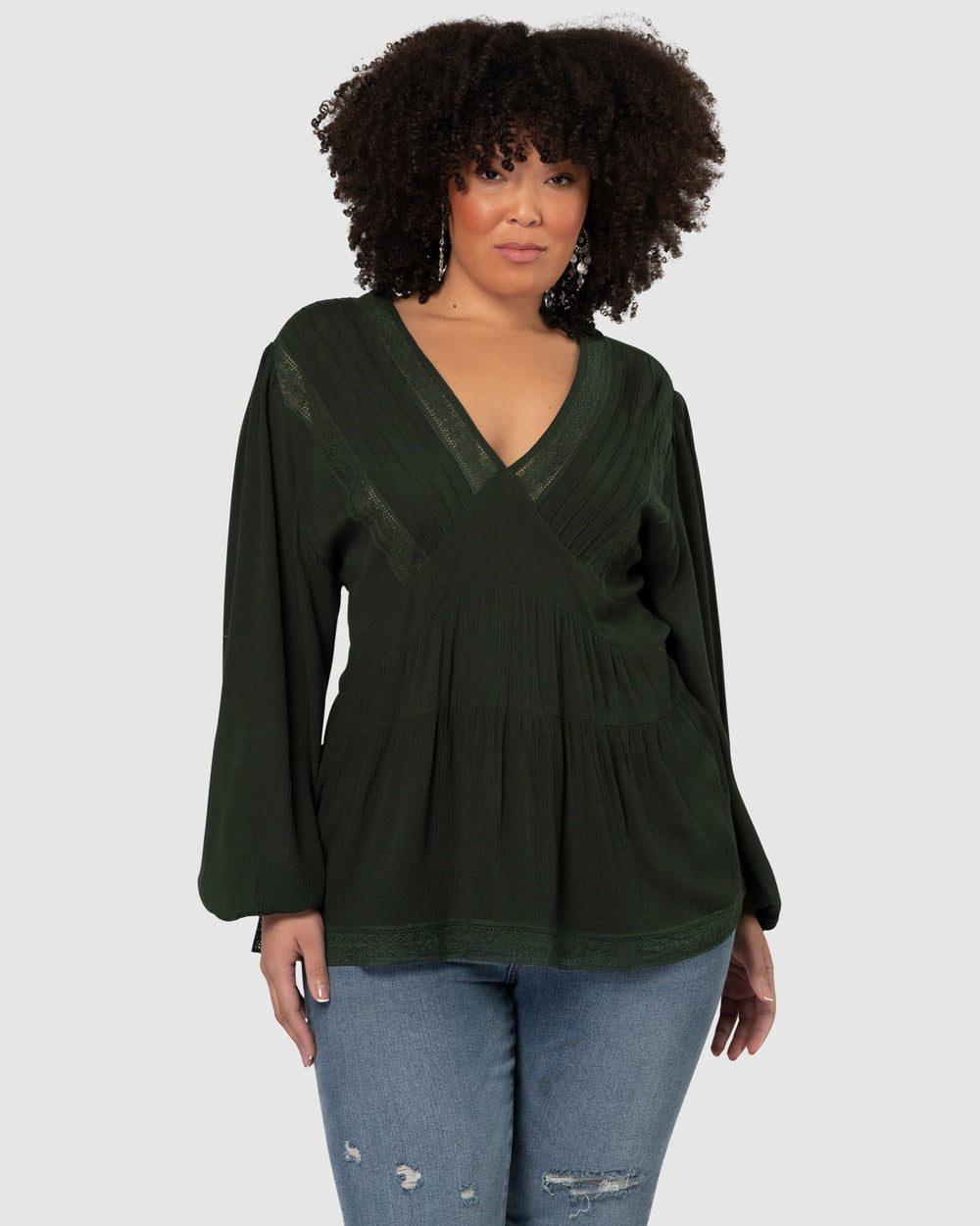 Lace Blouse in a Dark Green. Pair with either the chocolate pants or skinny jeans.