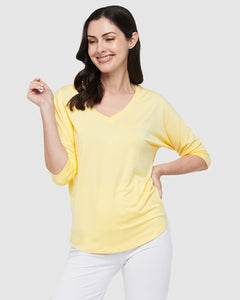 Dolman Sleeve Top in Bamboo Cotton. The dolman sleeve visually reduces the width of your shoulders. The lemon colour is great for you.