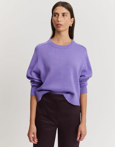 Cashmere and cotton crew neck long sleeve knit in stunning purple for pop of colour