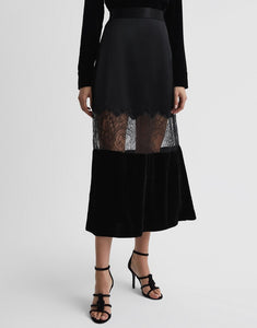 Victoria Beckham style skirt with mesh and lace detailing for pairing with blouse