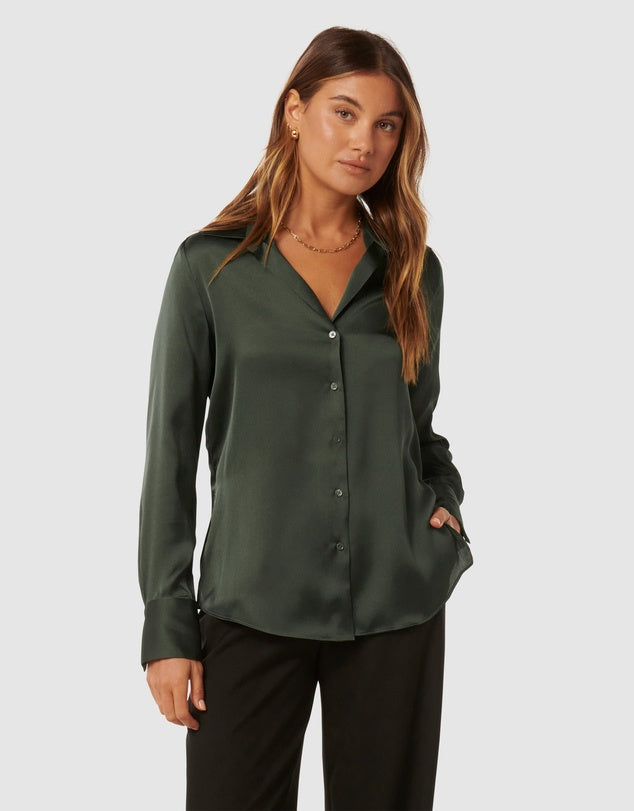 Dark green satin button blouse for pairing with denim or a pant for work