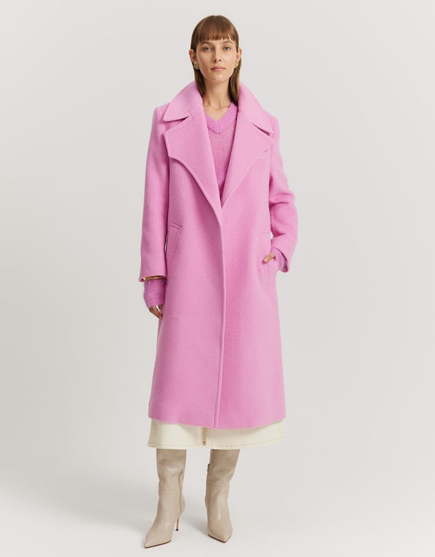 Longline wool blend winter coat in stunning pink