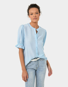 Light blue blouse with a 3/4 sleeve. Perfect match for either navy or light blue suits