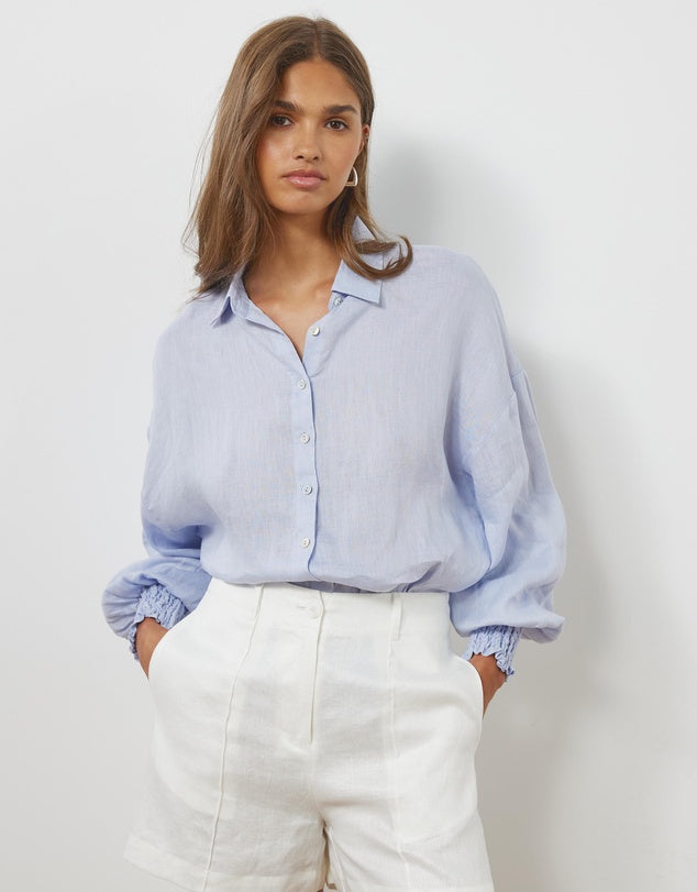 Blue linen button down with shirred sleeves